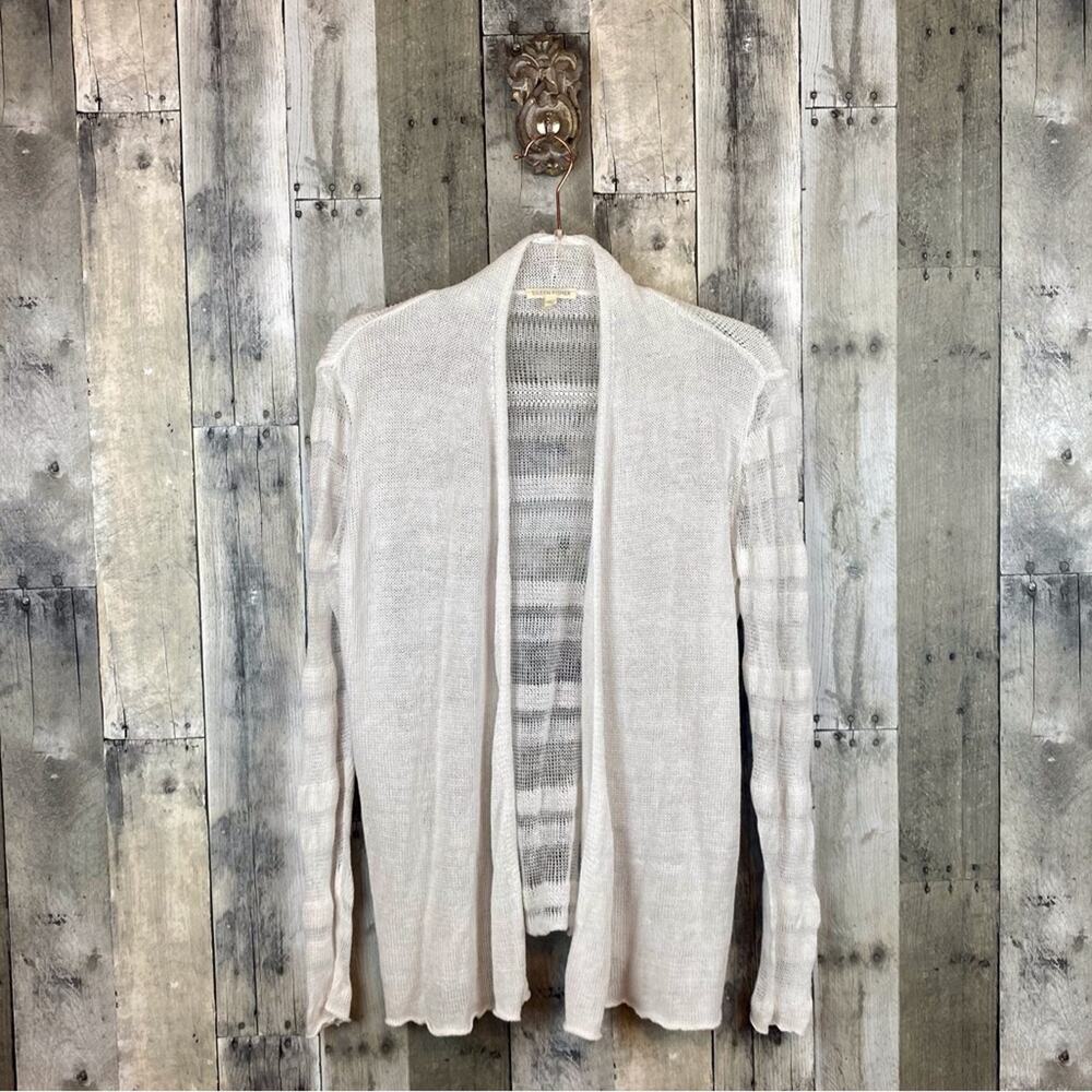 Eileen Fisher Linen Sheer Knit Striped Open Front Cardigan in White Size Small.
